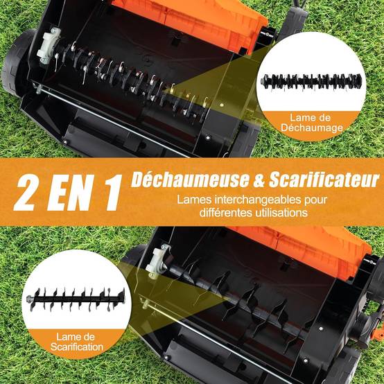 Costway - Scarificateur de Pelouse Électrique 2 en 1 de 15A, avec Double Interrupteur de Sécurité Réglable à 5 Positions Sac de Ramassage 55 L, Orange - Image 7