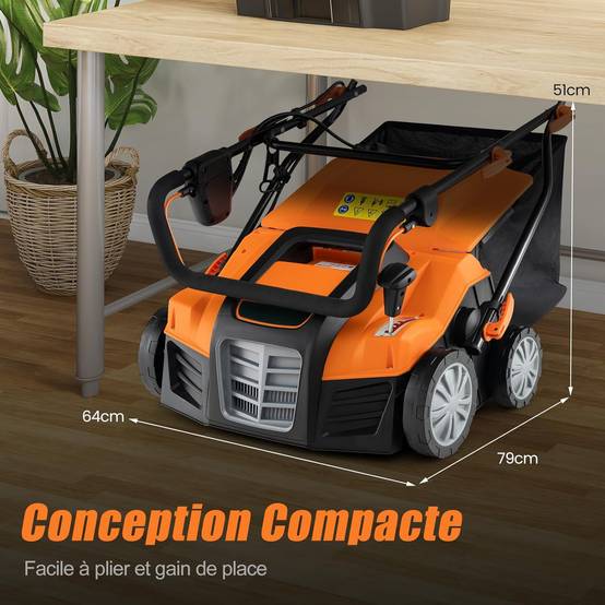 Costway - Scarificateur de Pelouse Électrique 2 en 1 de 15A, avec Double Interrupteur de Sécurité Réglable à 5 Positions Sac de Ramassage 55 L, Orange - Image 9