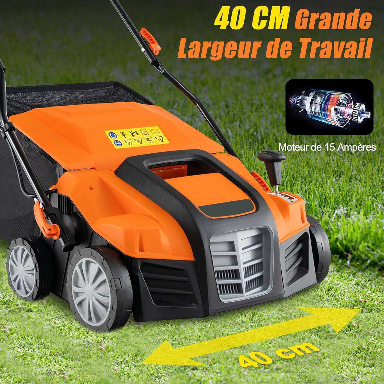 Costway - Scarificateur de Pelouse Électrique 2 en 1 de 15A, avec Double Interrupteur de Sécurité Réglable à 5 Positions Sac de Ramassage 55 L, Orange - Image 3