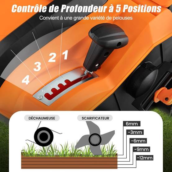 Costway - Scarificateur de Pelouse Électrique 2 en 1 de 15A, avec Double Interrupteur de Sécurité Réglable à 5 Positions Sac de Ramassage 55 L, Orange - Image 8