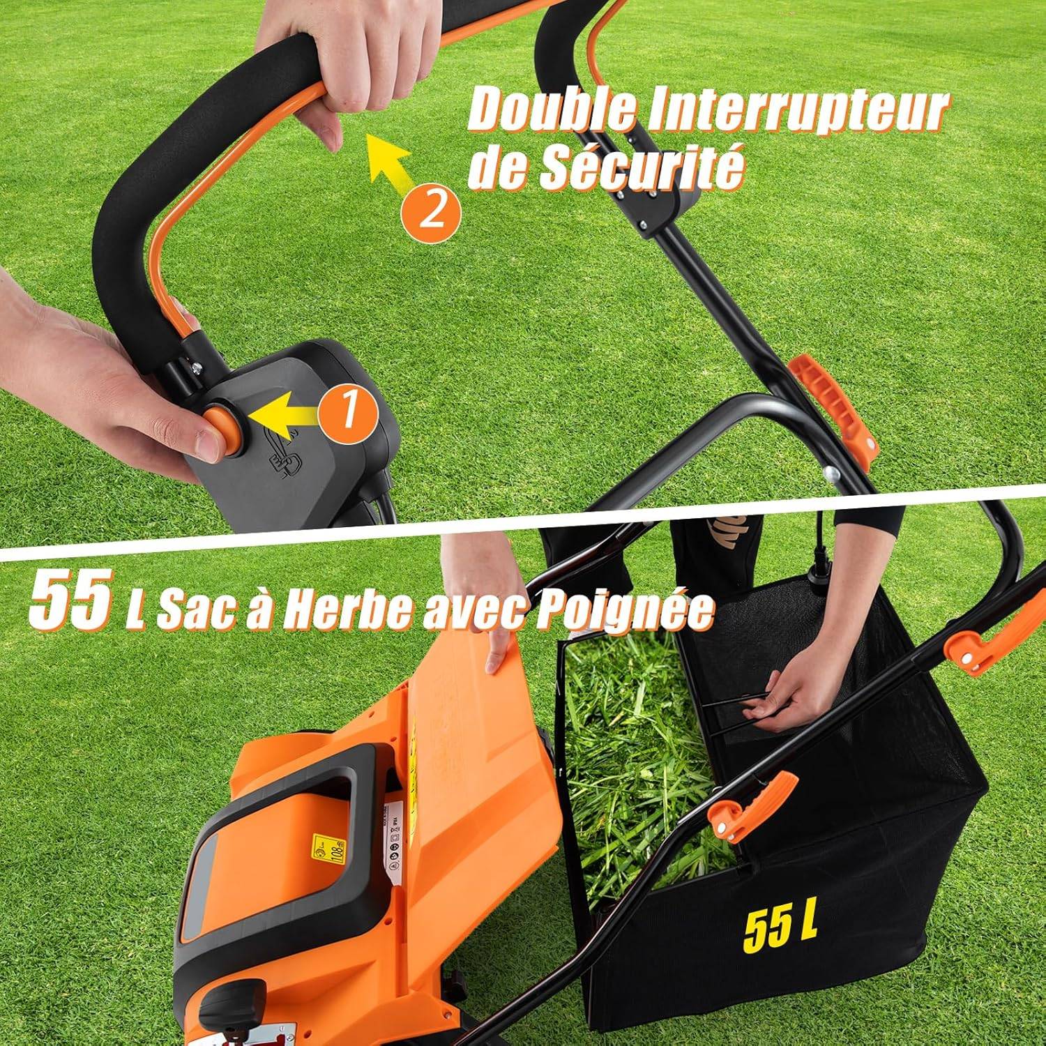 Costway - Scarificateur de Pelouse Électrique 2 en 1 de 15A, avec Double Interrupteur de Sécurité Réglable à 5 Positions Sac de Ramassage 55 L, Orange - Image 4