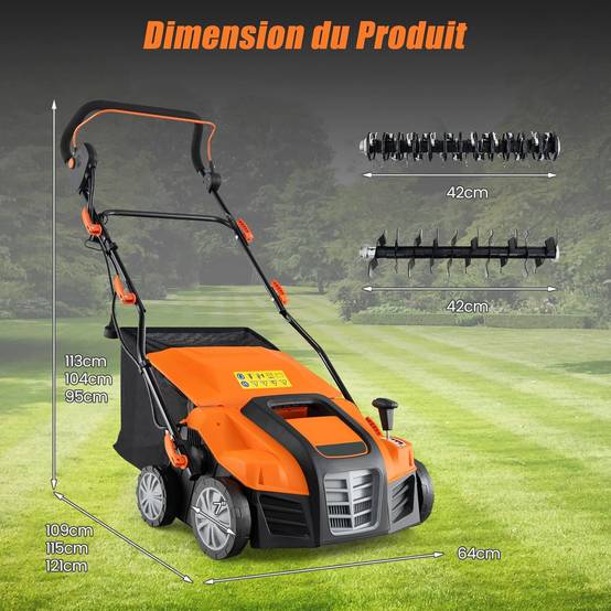 Costway - Scarificateur de Pelouse Électrique 2 en 1 de 15A, avec Double Interrupteur de Sécurité Réglable à 5 Positions Sac de Ramassage 55 L, Orange - Image 5