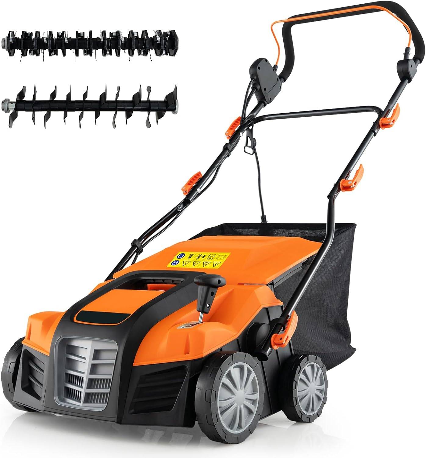 Costway - Scarificateur de Pelouse Électrique 2 en 1 de 15A, avec Double Interrupteur de Sécurité Réglable à 5 Positions Sac de Ramassage 55 L, Orange - Image 1