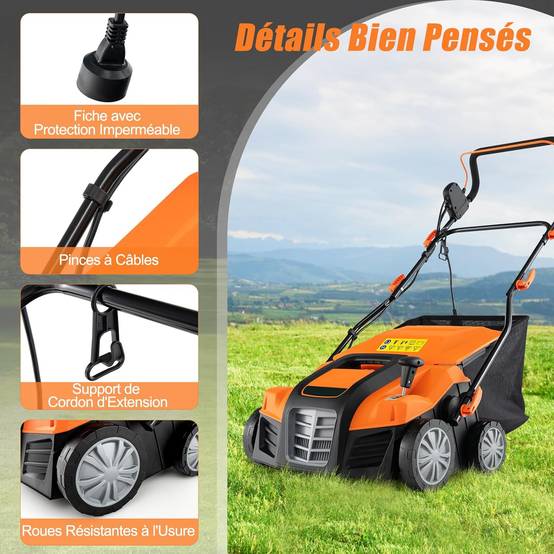 Costway - Scarificateur de Pelouse Électrique 2 en 1 de 15A, avec Double Interrupteur de Sécurité Réglable à 5 Positions Sac de Ramassage 55 L, Orange - Image 2