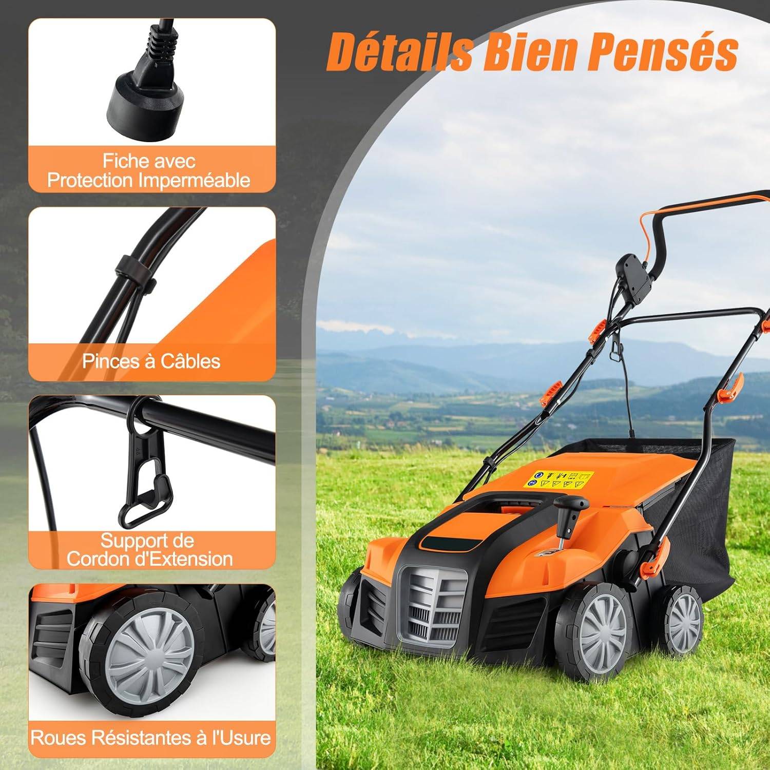 Costway - Scarificateur de Pelouse Électrique 2 en 1 de 15A, avec Double Interrupteur de Sécurité Réglable à 5 Positions Sac de Ramassage 55 L, Orange - Image 2