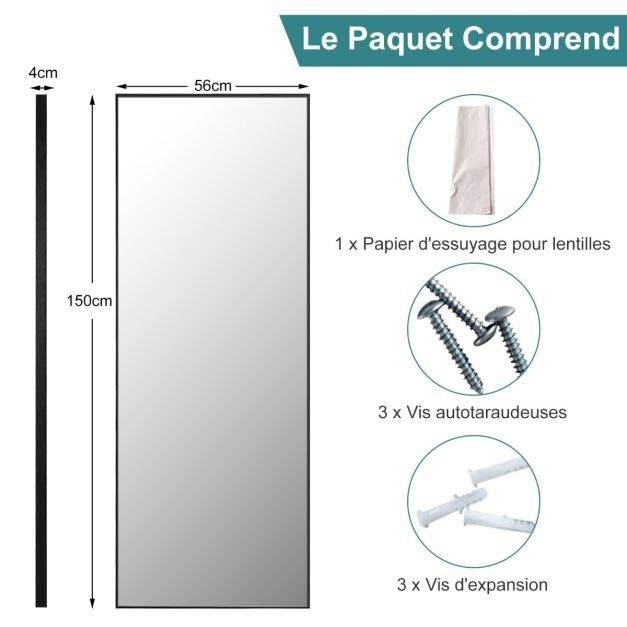 Helloshop26 - Miroir psyché miroir hd en verre antidéflagrant 150 x 4 x 56 cm cadre en aluminium noir - Imagen 2