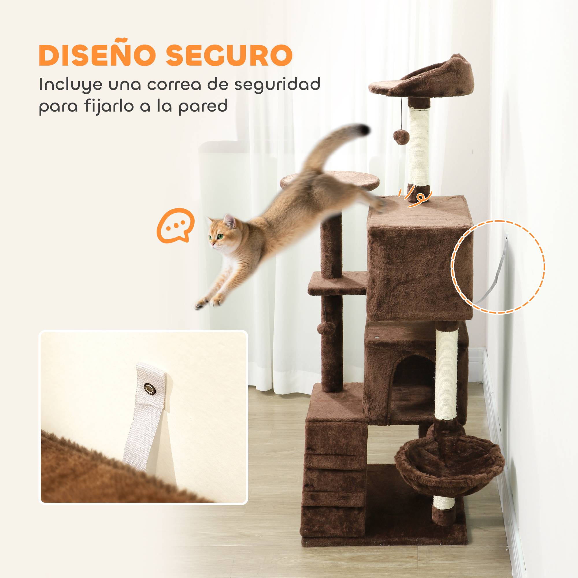 Arbre à Chat Multi-Niveaux en Peluche avec Niches Hamac et Griffoirs 140 cm Marron - ComfortXL Outdoor Living - Image 8