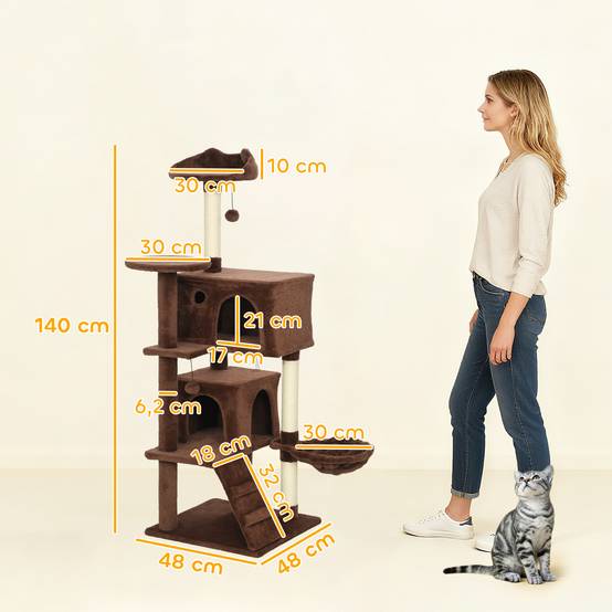 Arbre à Chat Multi-Niveaux en Peluche avec Niches Hamac et Griffoirs 140 cm Marron - ComfortXL Outdoor Living - Image 5