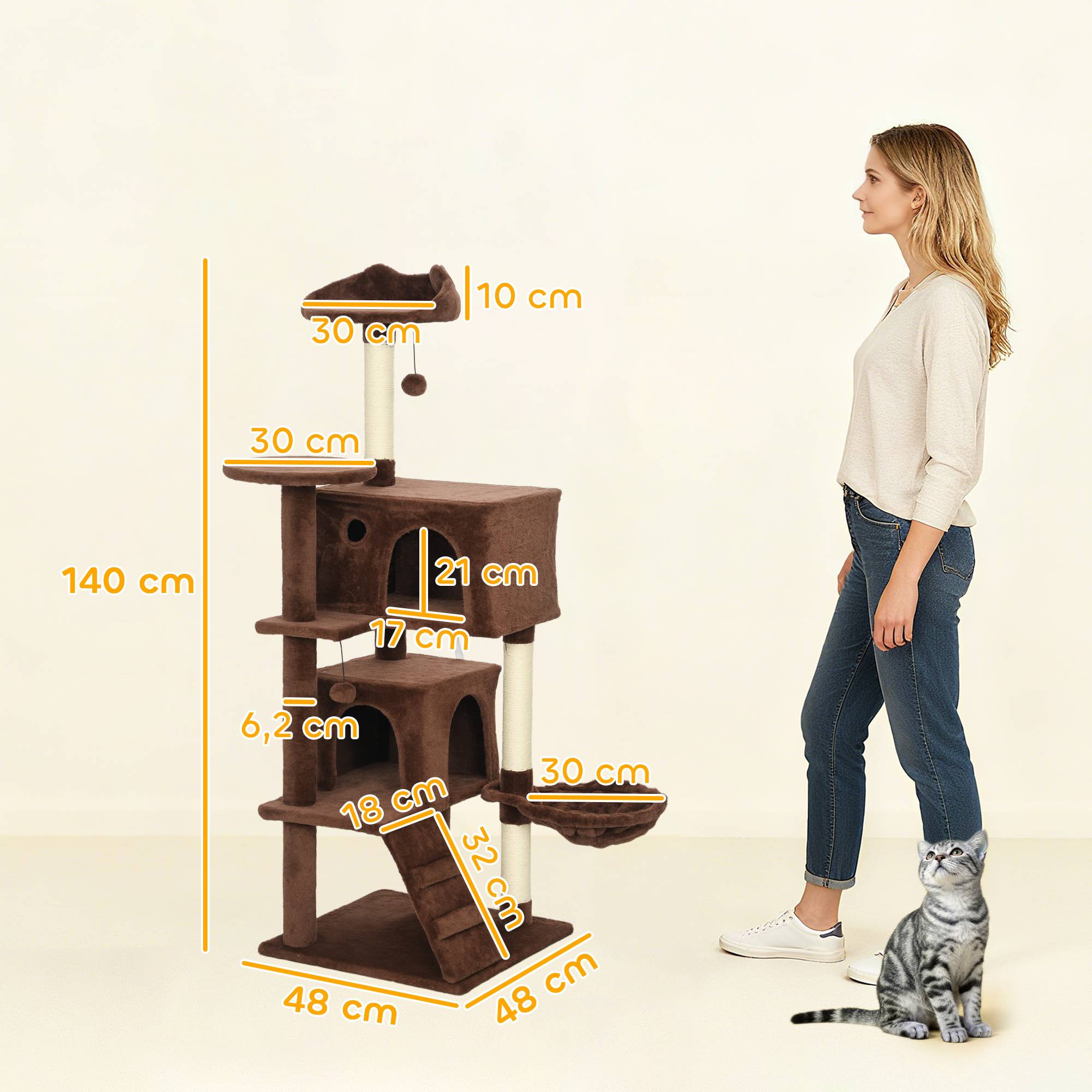 Arbre à Chat Multi-Niveaux en Peluche avec Niches Hamac et Griffoirs 140 cm Marron - ComfortXL Outdoor Living - Image 5