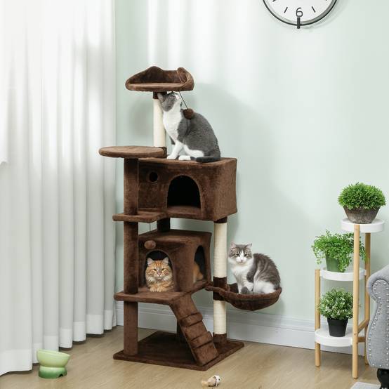 Arbre à Chat Multi-Niveaux en Peluche avec Niches Hamac et Griffoirs 140 cm Marron - ComfortXL Outdoor Living - Image 3