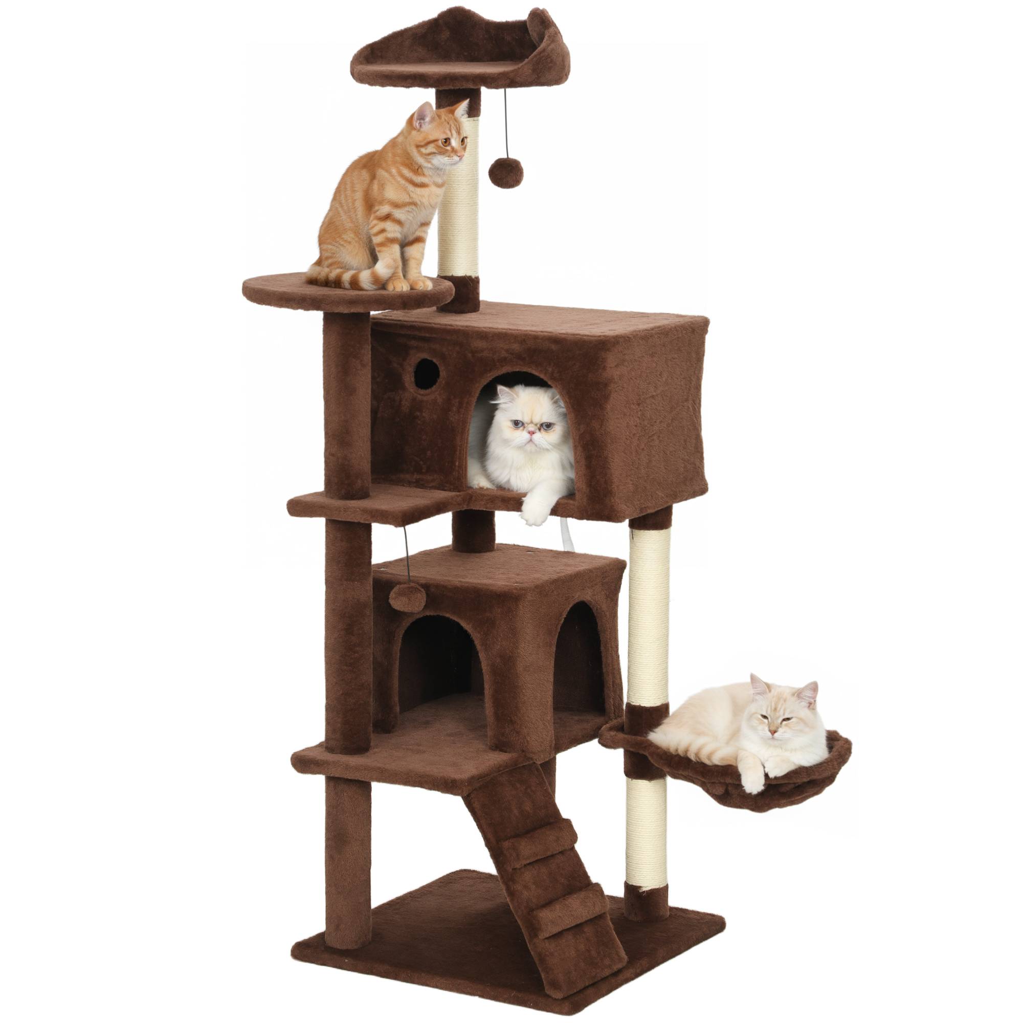 Arbre à Chat Multi-Niveaux en Peluche avec Niches Hamac et Griffoirs 140 cm Marron - ComfortXL Outdoor Living - Image 1