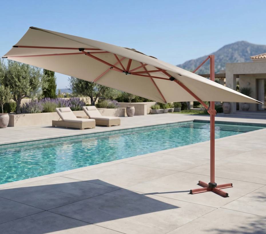 Ozalide - Parasol déporté 3.5x2.6m  terracotta et lin  DIAMANT
