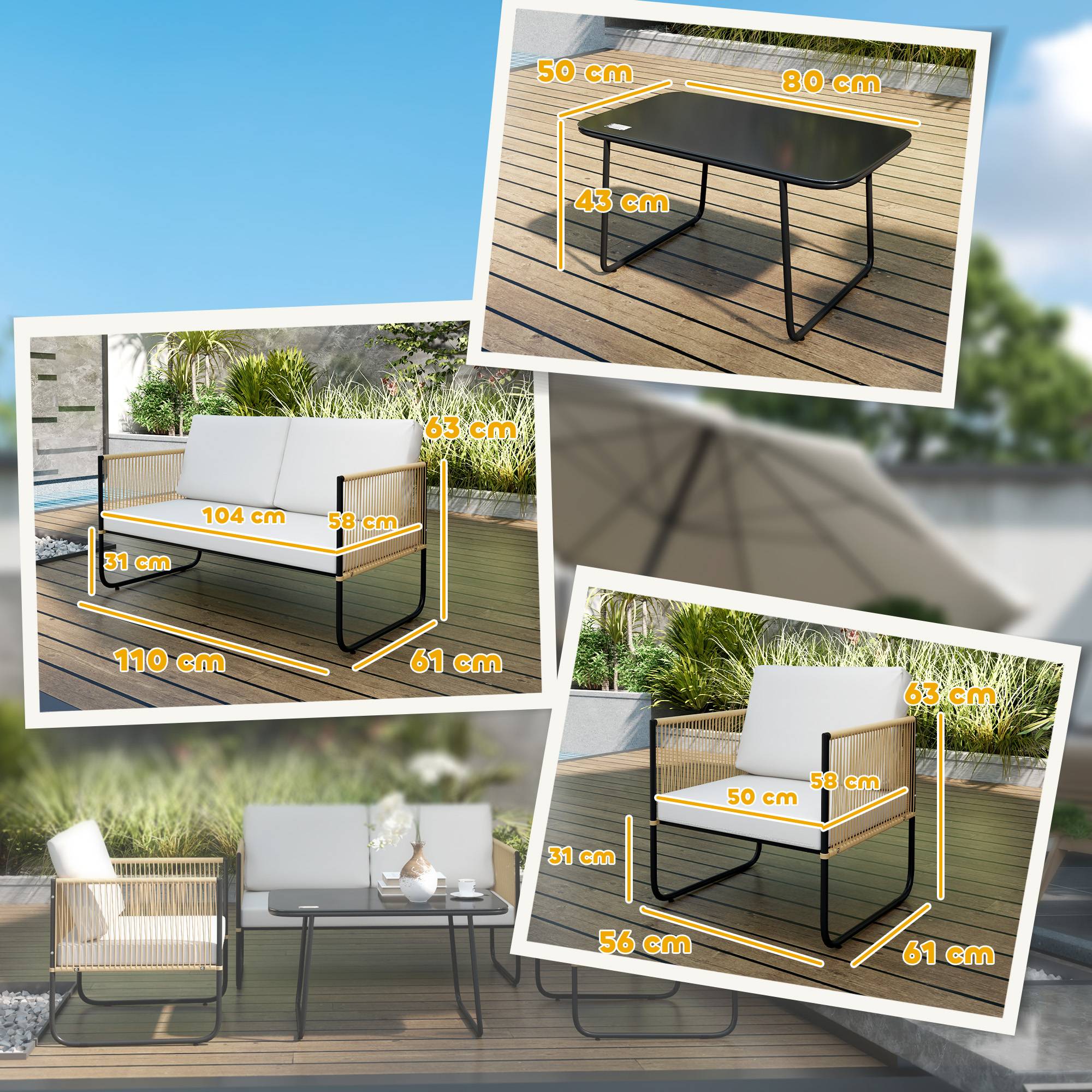 Sans Marque - Salon jardin 4 pièces canapé 2 places 2 fauteuils table basse verre coussins crème blanc - Image 5