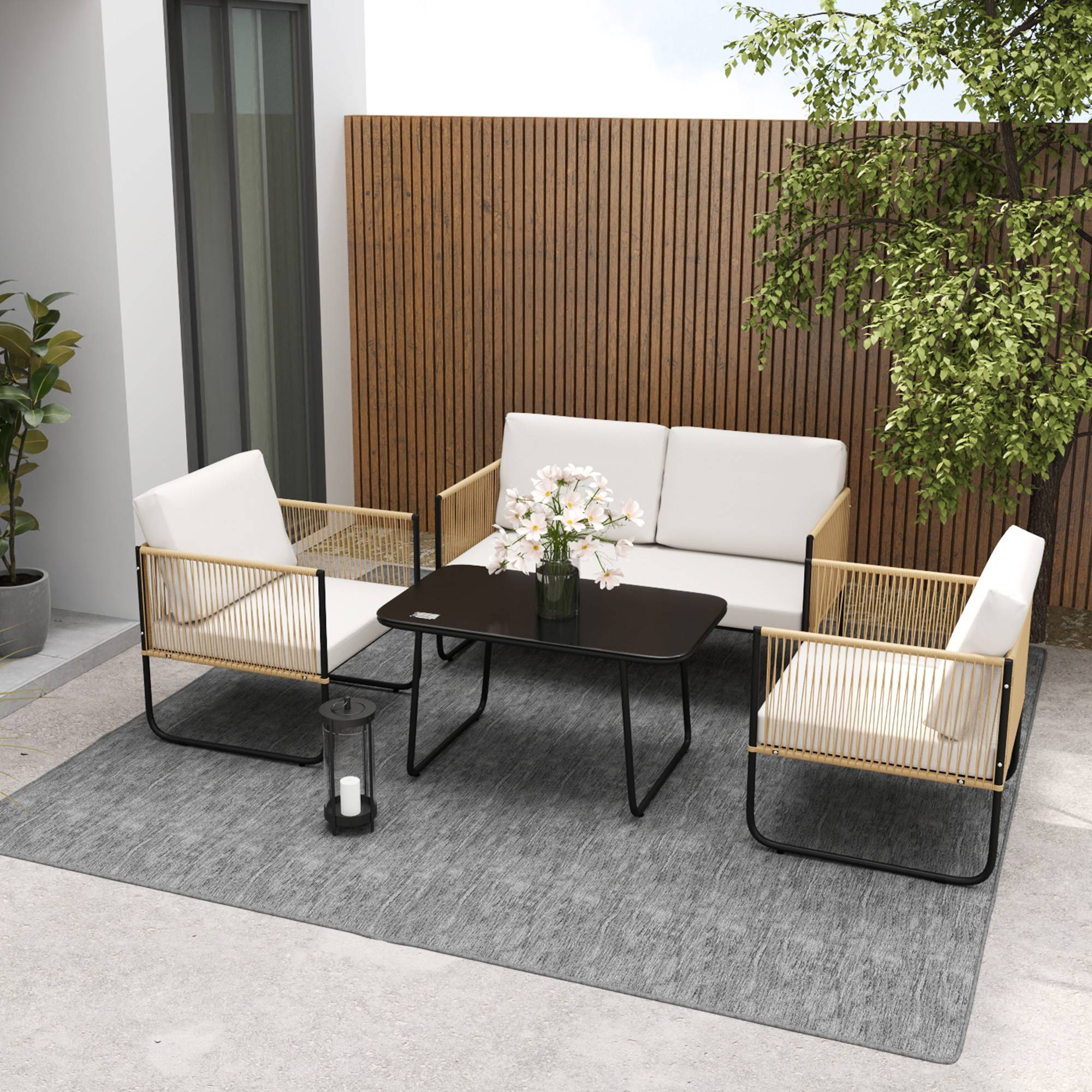 Sans Marque - Salon jardin 4 pièces canapé 2 places 2 fauteuils table basse verre coussins crème blanc - Image 4