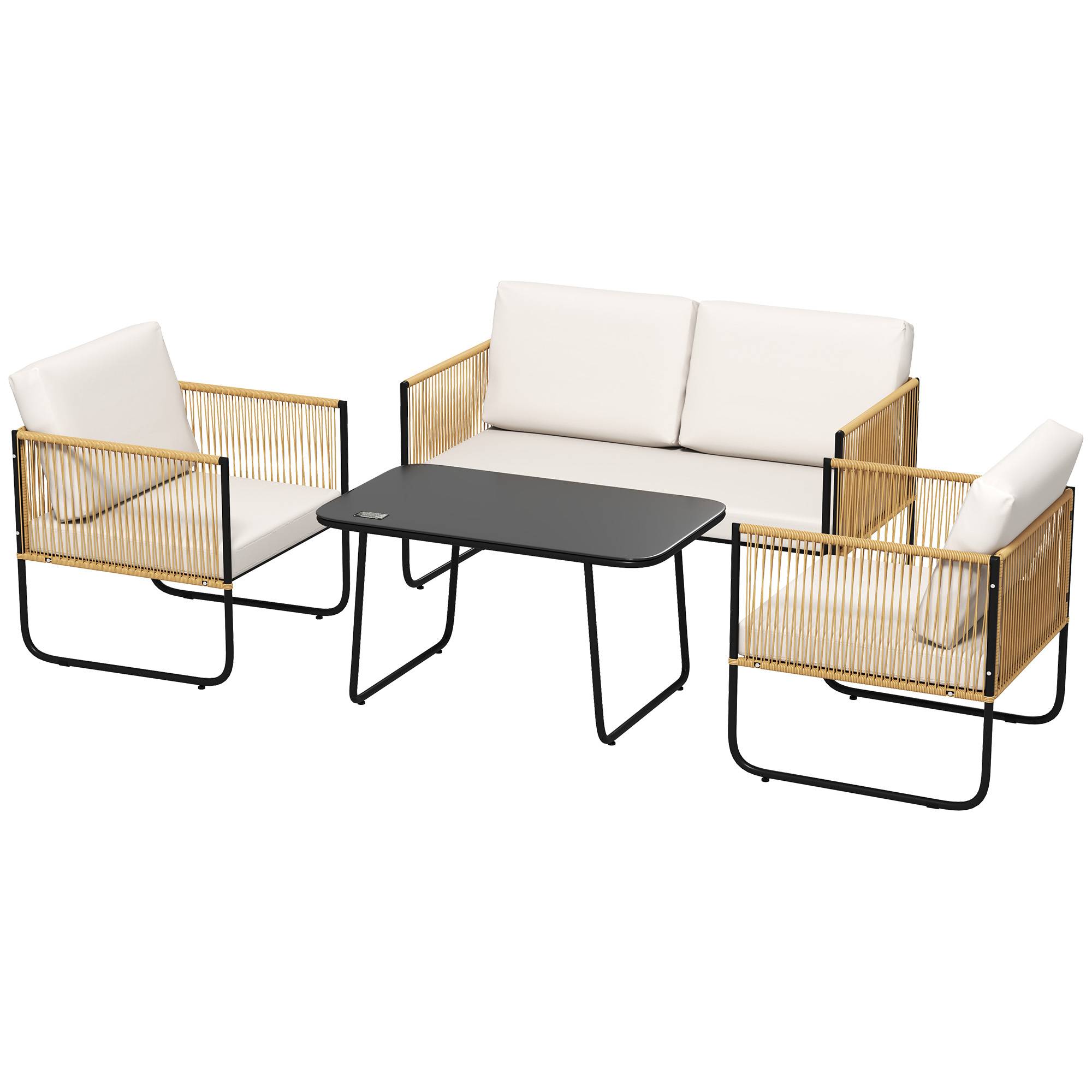 Sans Marque - Salon jardin 4 pièces canapé 2 places 2 fauteuils table basse verre coussins crème blanc - Image 2