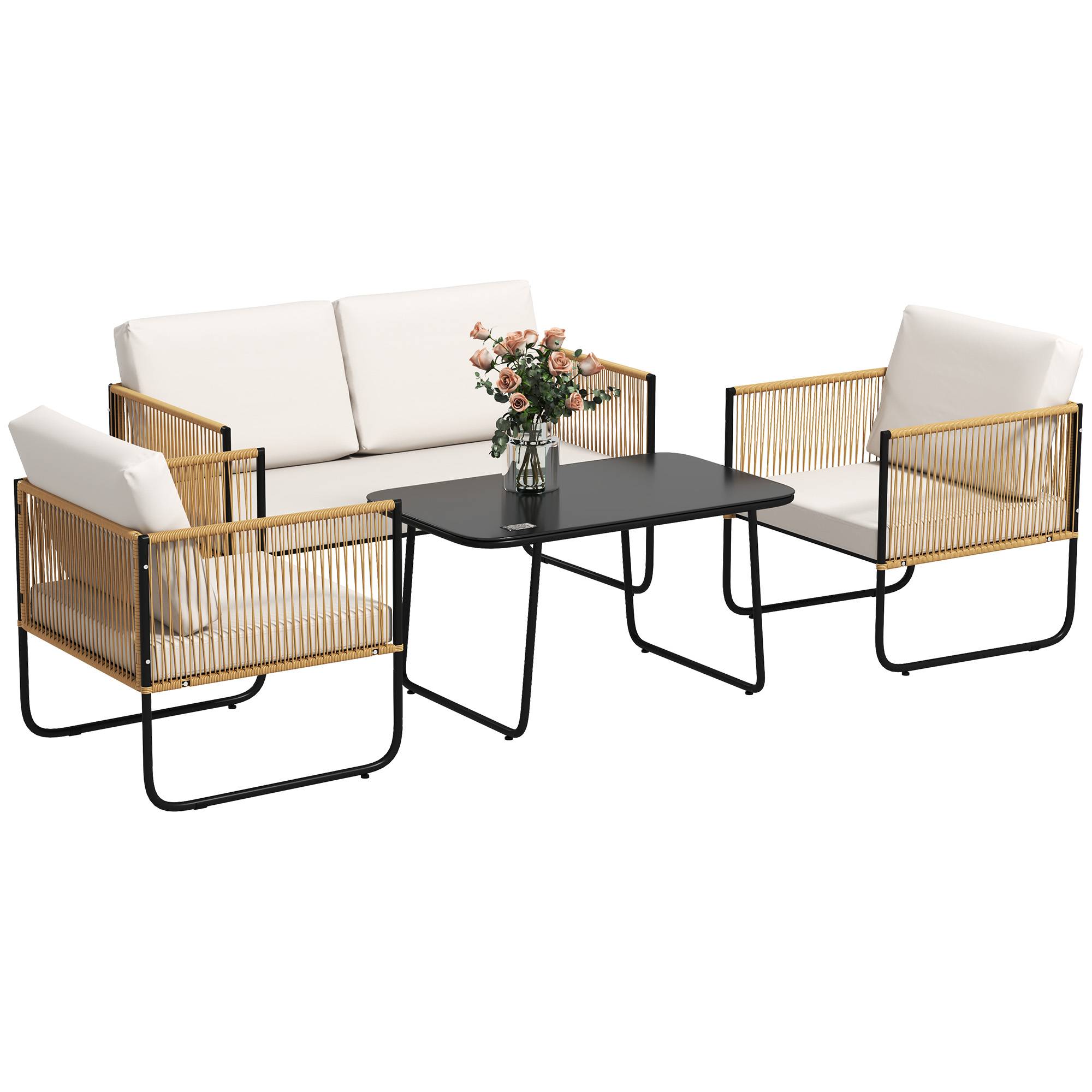Sans Marque - Salon jardin 4 pièces canapé 2 places 2 fauteuils table basse verre coussins crème blanc - Image 1
