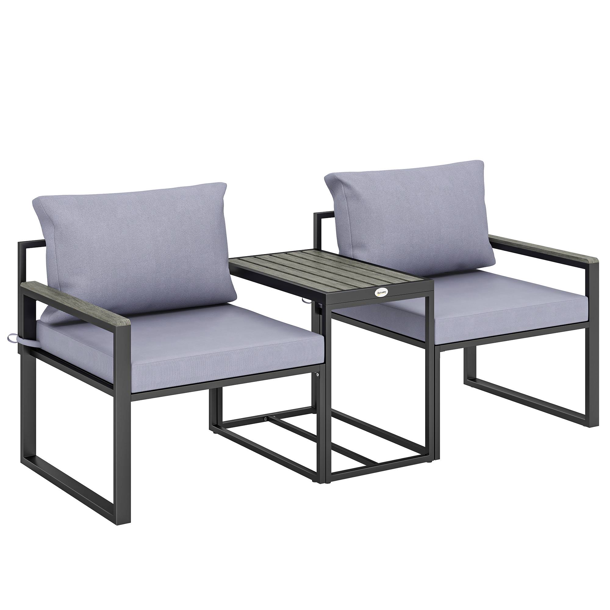 Outsunny - Salon de jardin 3 pièces - ensemble de jardin avec coussins 14cm et accoudoirs en composite bois-plastique - gris - Outsunny