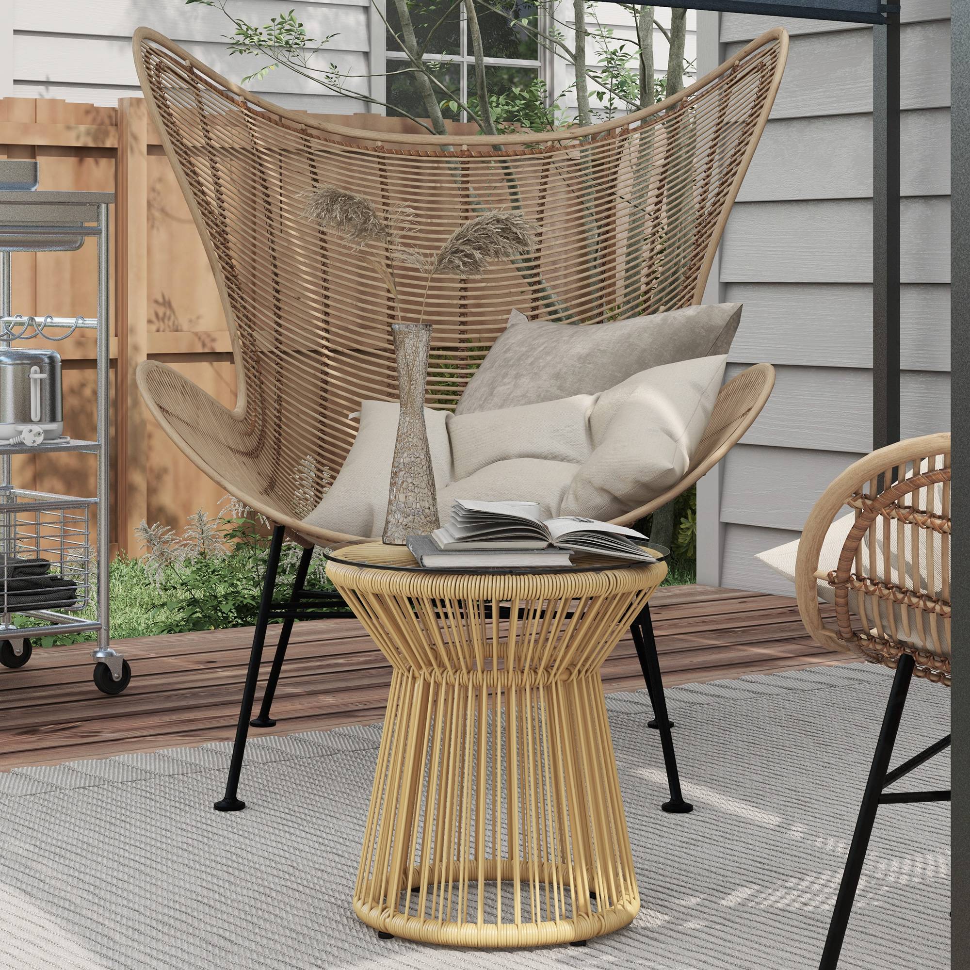Table d'appoint jardin ronde résine tressée terrasse plateau verre beige - ComfortXL Outdoor Living - Image 3