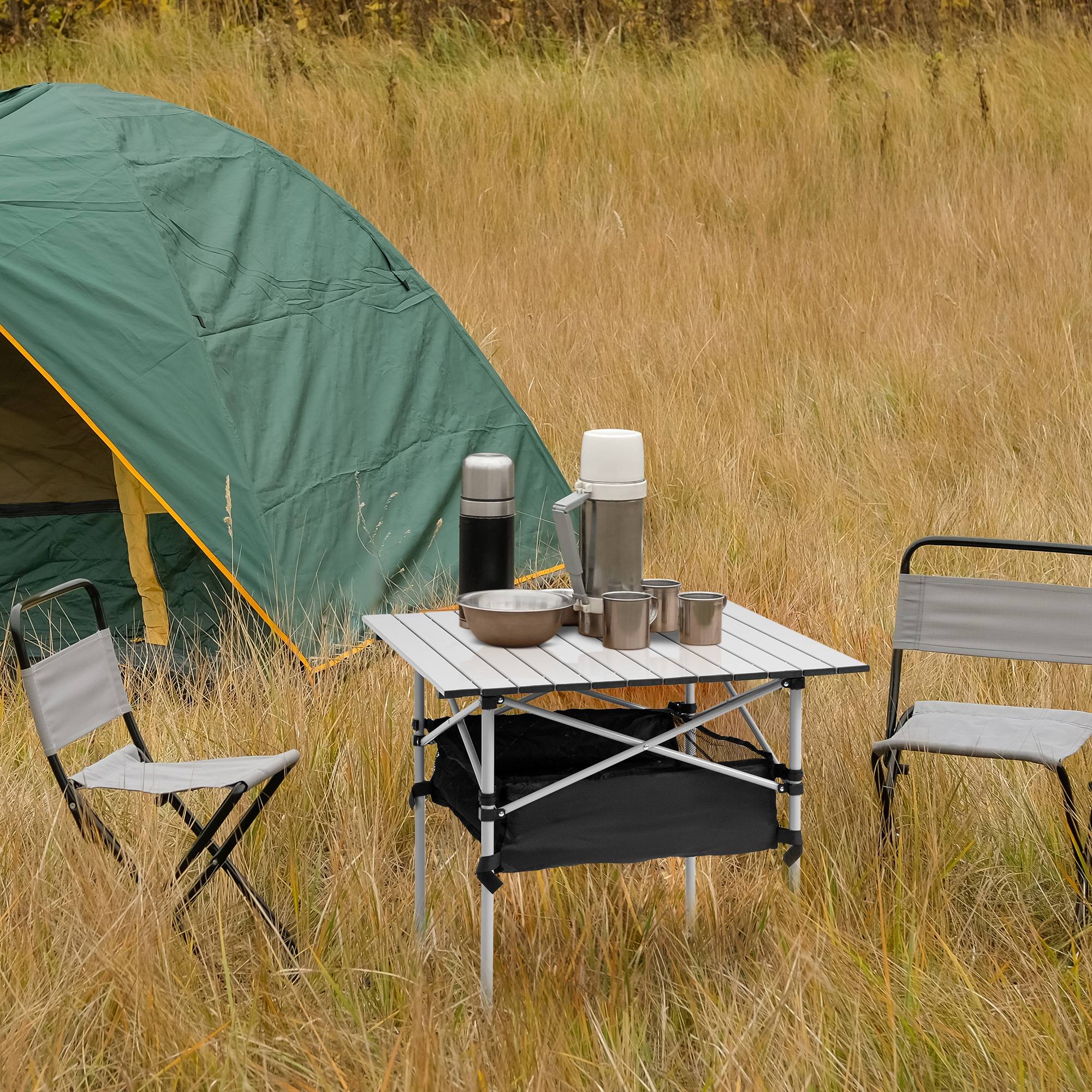 ComfortXL - Table camping pliante aluminium avec rangement filet pique-nique jardin 70 cm argent - ComfortXL Outdoor Living - Image 4