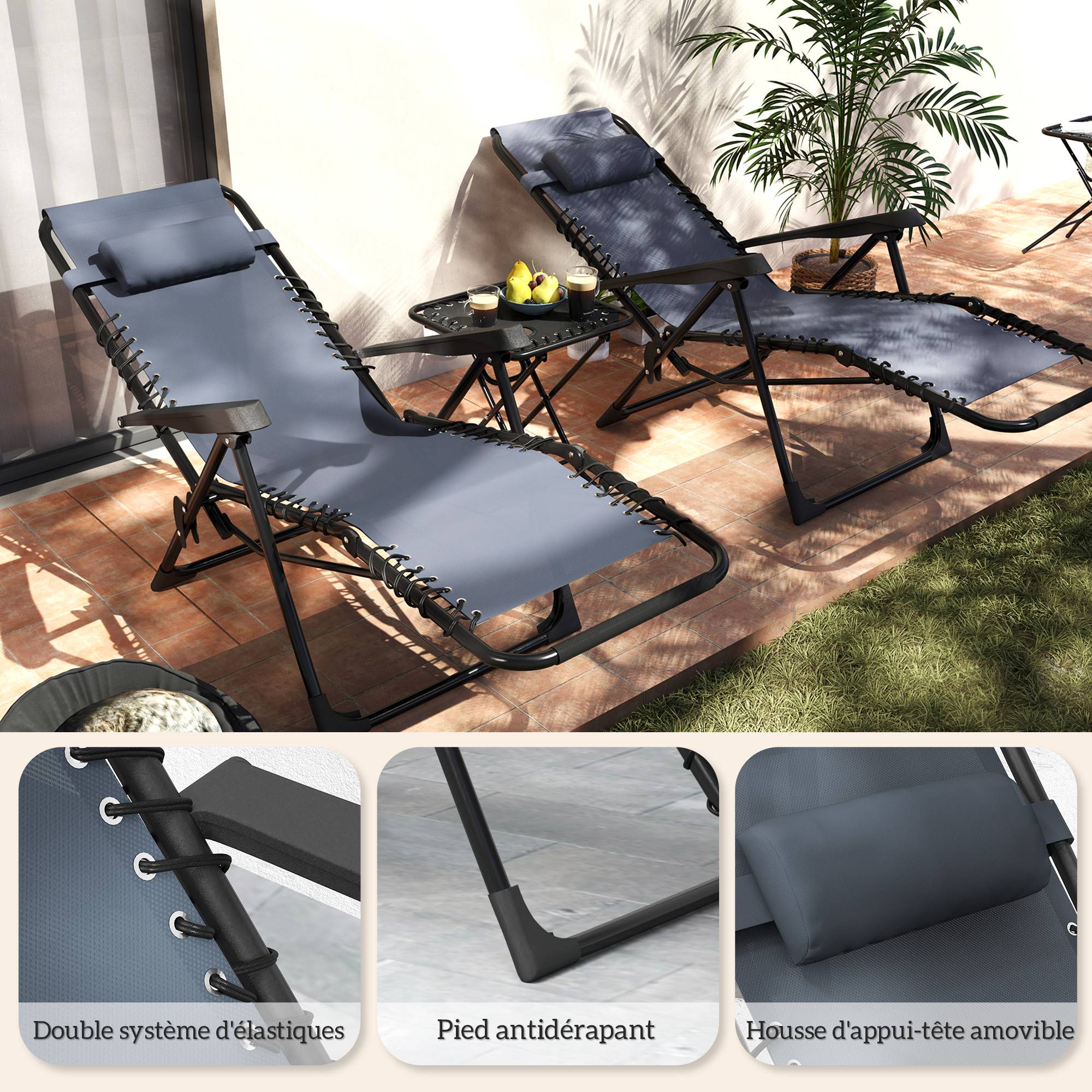 Outsunny - Lot 2 chaises longues pliables inclinables avec table d'appoint gravité zéro porte-gobelets appuie-tête charge 120kg gris - Outsunny - Image 8