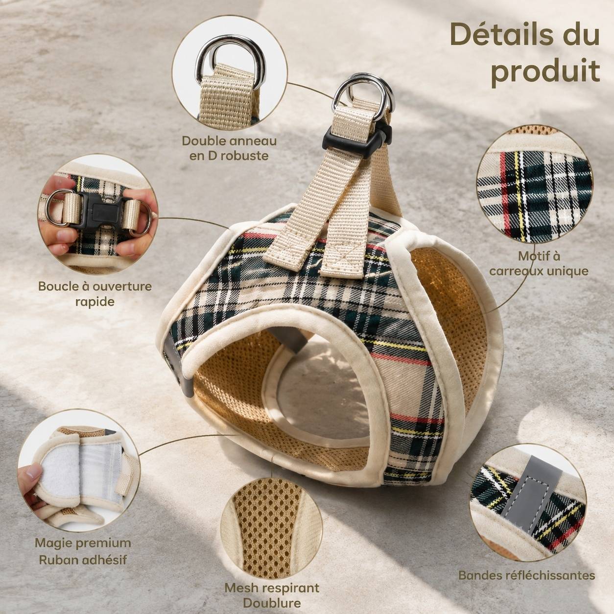 Harnais pour chien et chat à enfiler tissu respirant motif tartan réfléchissant sécurité - Image 2