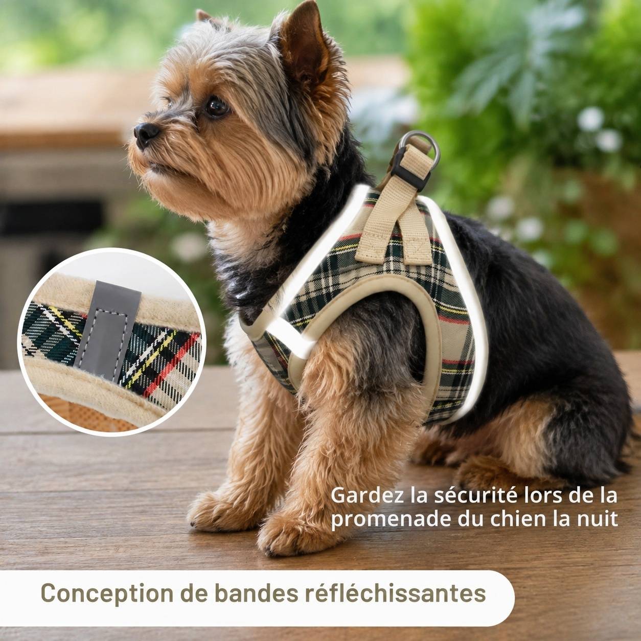 Harnais pour chien et chat à enfiler tissu respirant motif tartan réfléchissant sécurité - Image 5