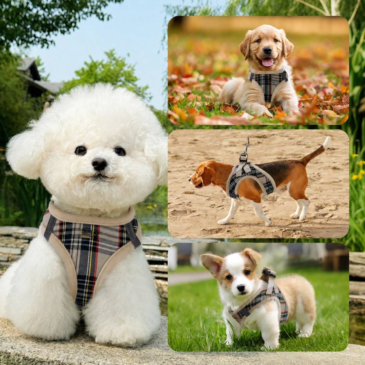 Harnais pour chien et chat à enfiler tissu respirant motif tartan réfléchissant sécurité - Image 6