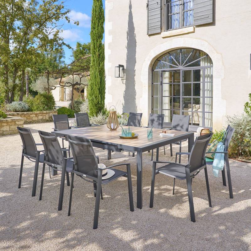 Hesperide - Table de jardin extensible carrée "Évasion" effet bois honey & argile 10 places lates en aluminium - Hespéride - Image 10