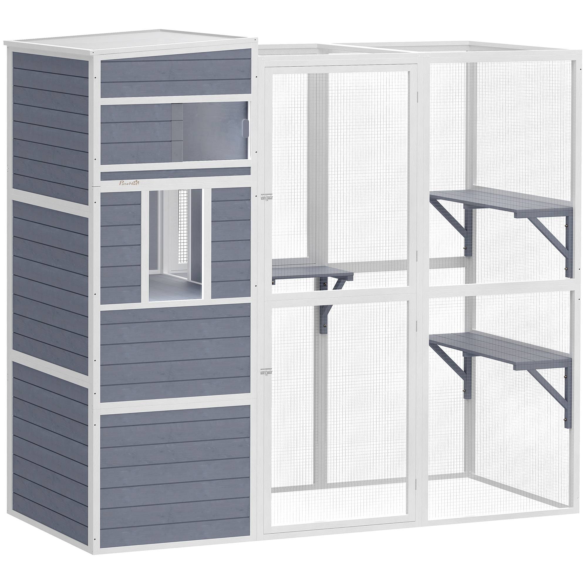 ComfortXL - Enclos pour chat extérieur bois gris avec 3 plateformes et toit résistant pour 3 à 4 chats jusqu’à 10 kg - Image 2