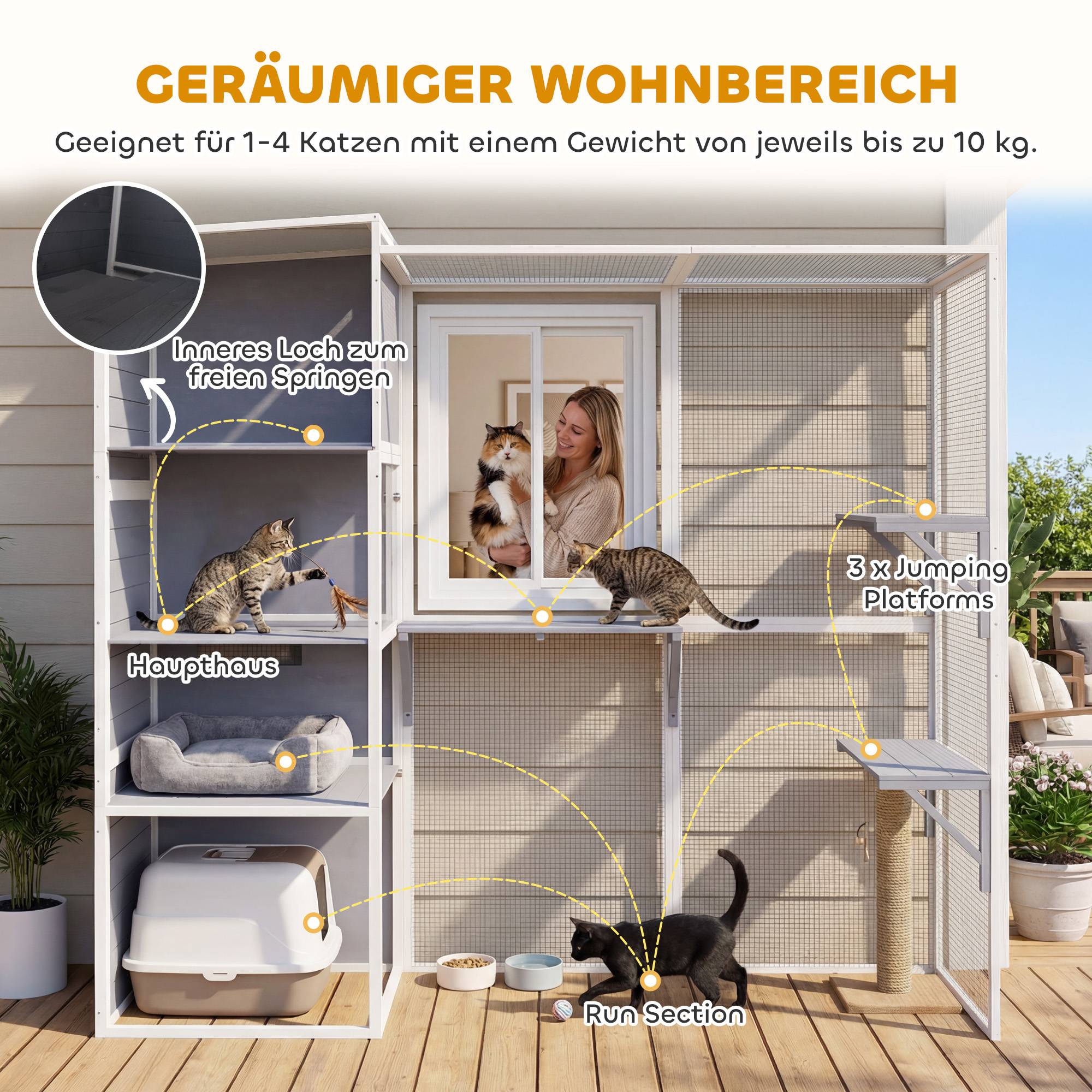 ComfortXL - Enclos pour chat extérieur bois gris avec 3 plateformes et toit résistant pour 3 à 4 chats jusqu’à 10 kg - Image 4