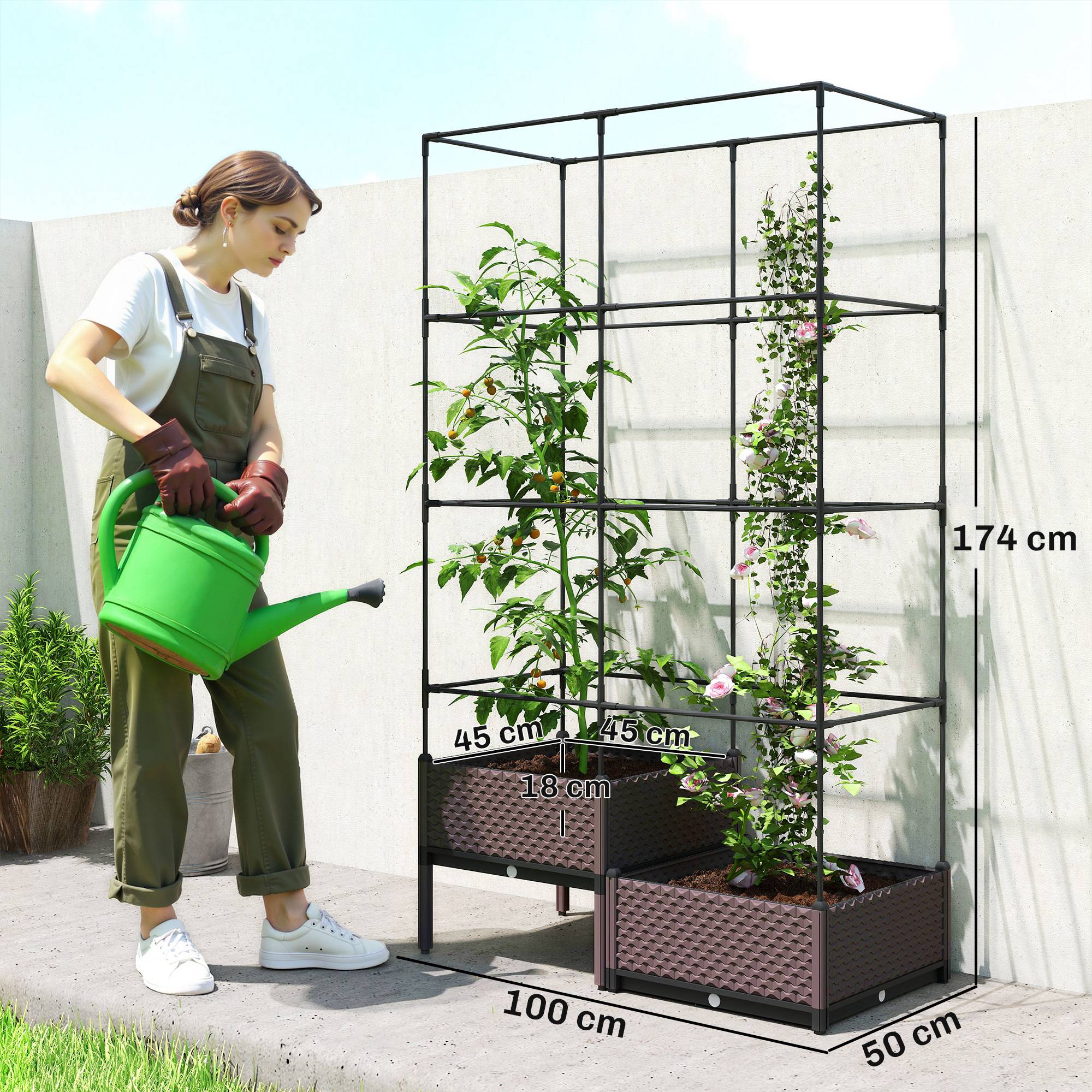 Jardinière avec treillis métallique pour plantes grimpantes, 2 pots en polypropylène avec trous de drainage, 100 x 50 x 174 cm, noire - Image 5