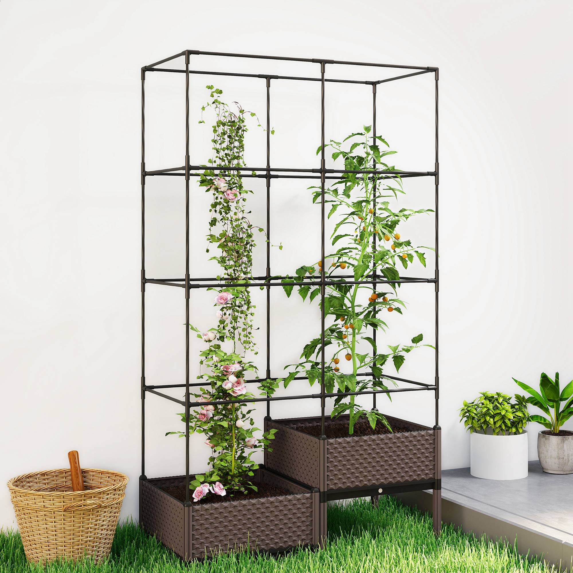 Jardinière avec treillis métallique pour plantes grimpantes, 2 pots en polypropylène avec trous de drainage, 100 x 50 x 174 cm, noire - Image 3