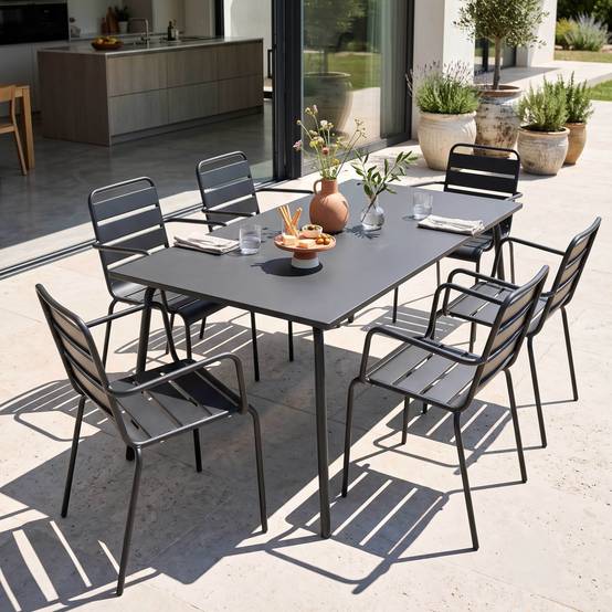 Oviala - Ensemble table de jardin et 6 fauteuils en métal gris Palavas - Oviala - Imagen 2