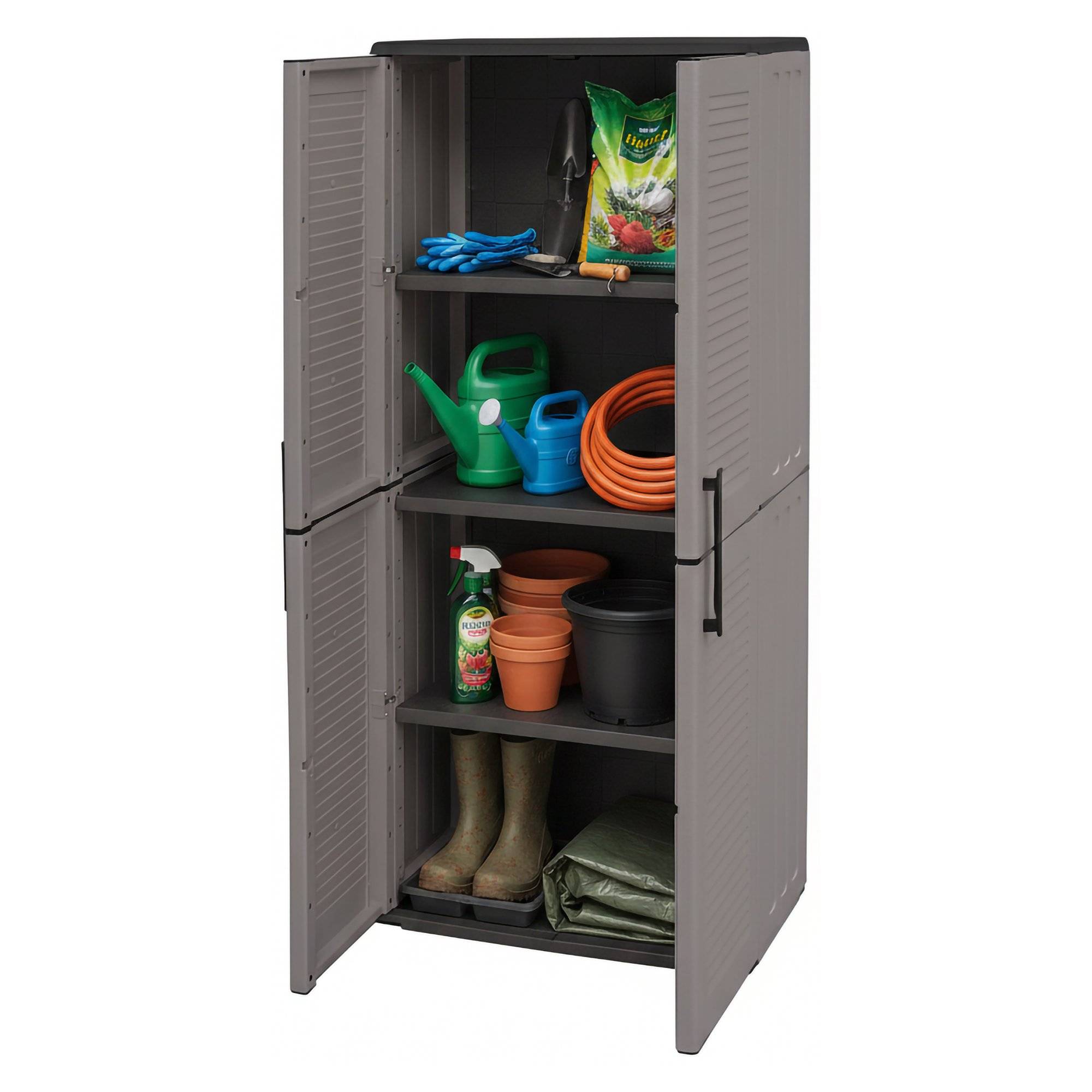 Dmora - Armoire d'extérieur Dambrosin, Meubles de balcon, Armoire polyvalente avec étagères, 68x37h163 cm, Gris et Noir, Finition rayée - Dmora - Imagen 1