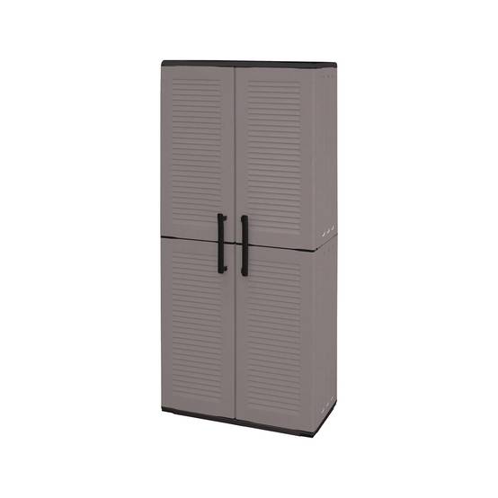 Dmora - Armoire d'extérieur Dambrosin, Meubles de balcon, Armoire polyvalente avec étagères, 68x37h163 cm, Gris et Noir, Finition rayée - Dmora - Image 1