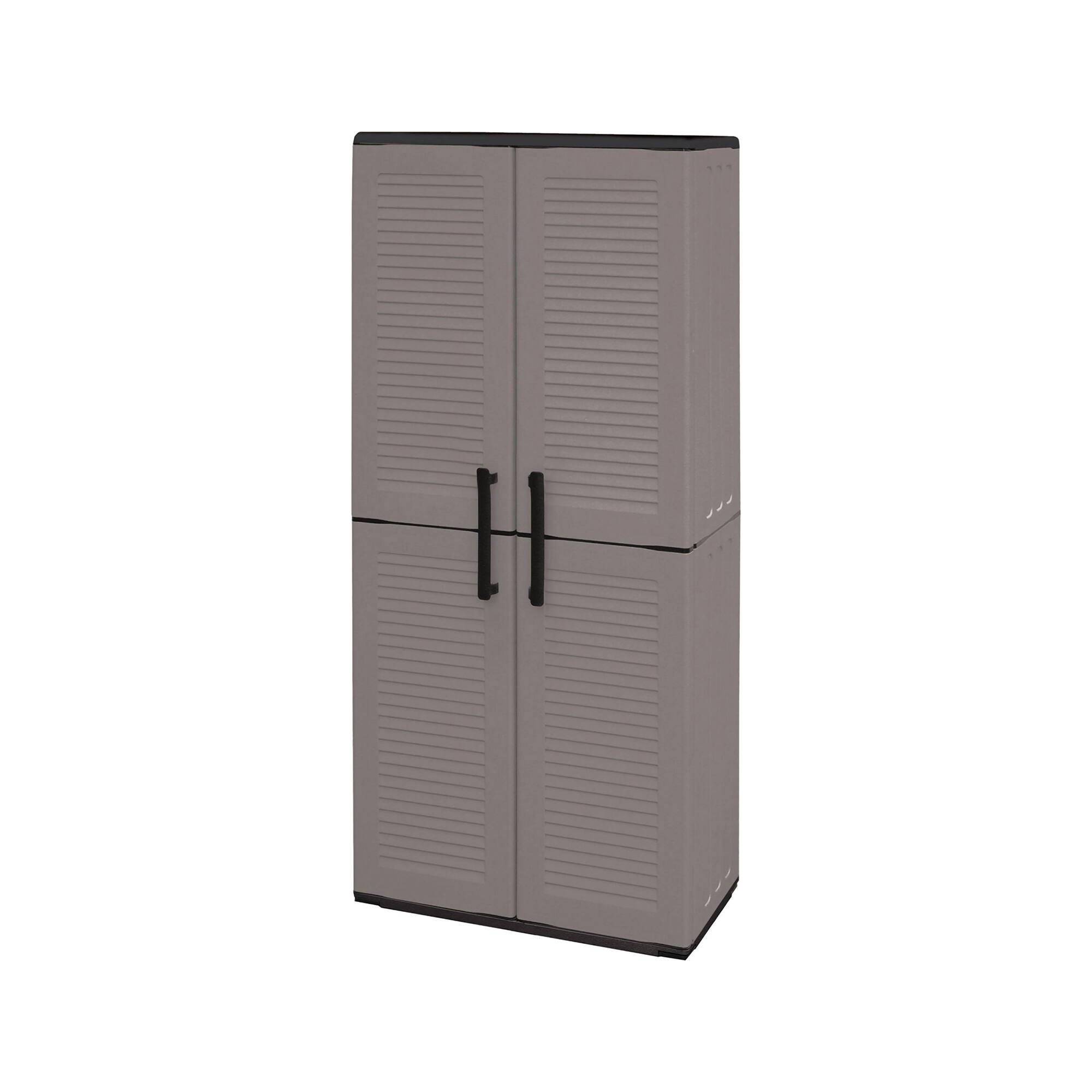 Dmora - Armoire d'extérieur Dambrosin, Meubles de balcon, Armoire polyvalente avec étagères, 68x37h163 cm, Gris et Noir, Finition rayée - Dmora - Image 1