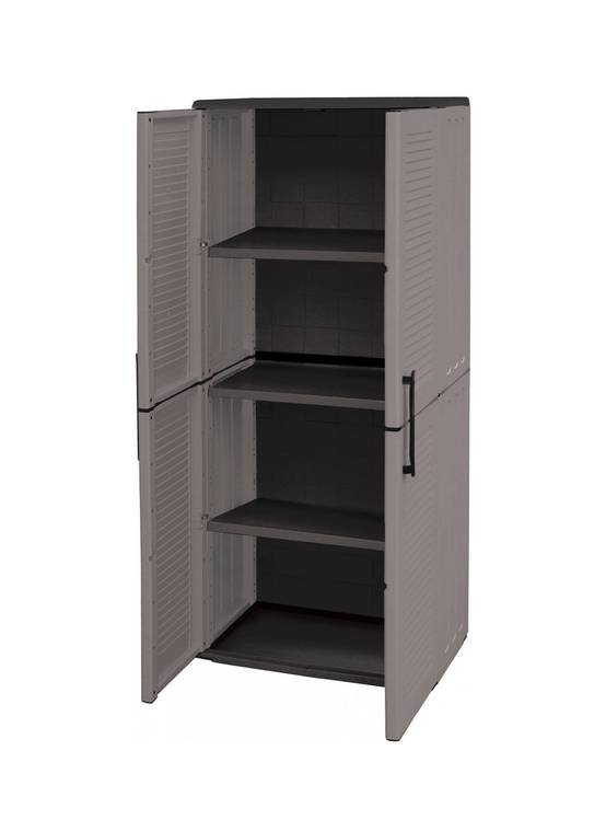 Dmora - Armoire d'extérieur Dambrosin, Meubles de balcon, Armoire polyvalente avec étagères, 68x37h163 cm, Gris et Noir, Finition rayée - Dmora - Image 5