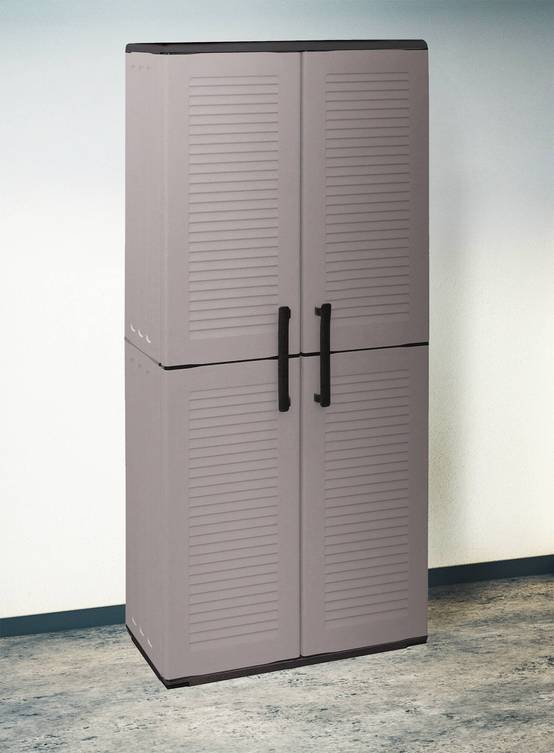 Dmora - Armoire d'extérieur Dambrosin, Meubles de balcon, Armoire polyvalente avec étagères, 68x37h163 cm, Gris et Noir, Finition rayée - Dmora - Image 2
