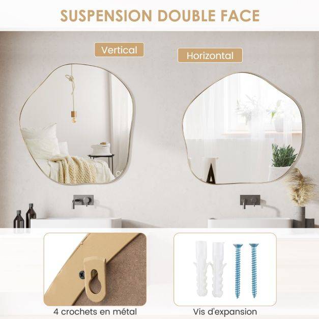 Helloshop26 - Miroir mural irrégulier 75,5 x 70 cm miroir asymétrique avec cadre en métal avec vis d'expansion miroir de courtoisie décoratif pour salon or - Imagen 3