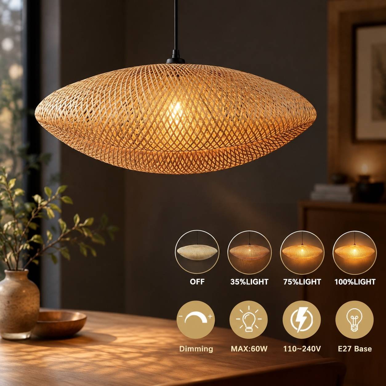 Suspension en Rotin Tresse Artisanale Abat-jour en Bambou Design Chapeau - Image 7