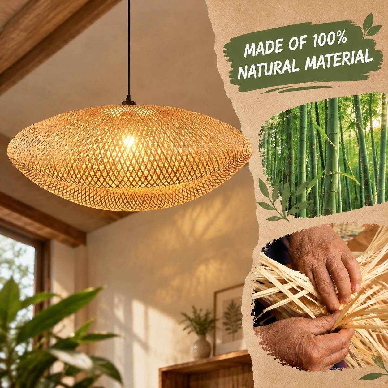 Suspension en Rotin Tresse Artisanale Abat-jour en Bambou Design Chapeau - Image 3