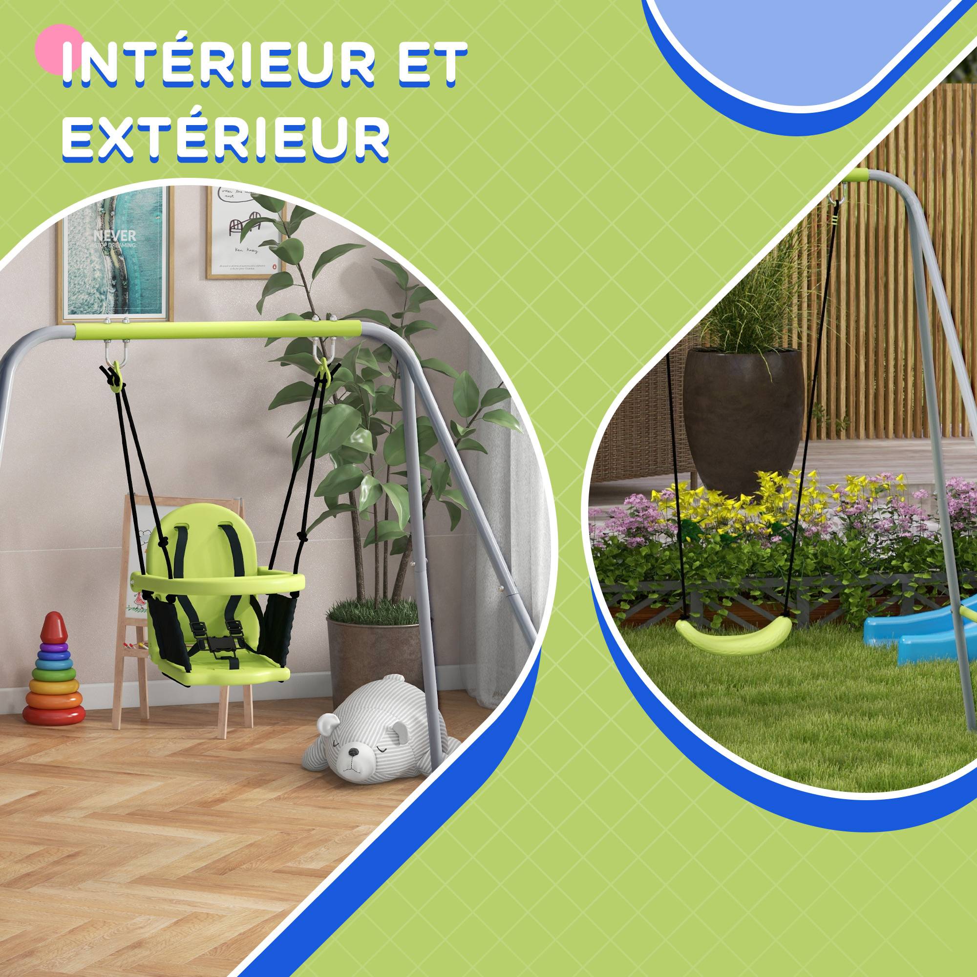 Outsunny - Portique balançoire évolutive - siège haut, accoudoirs, ceinture sécurité 5 points, barre protection - métal époxy gris vert - Outsunny - Imagen 7