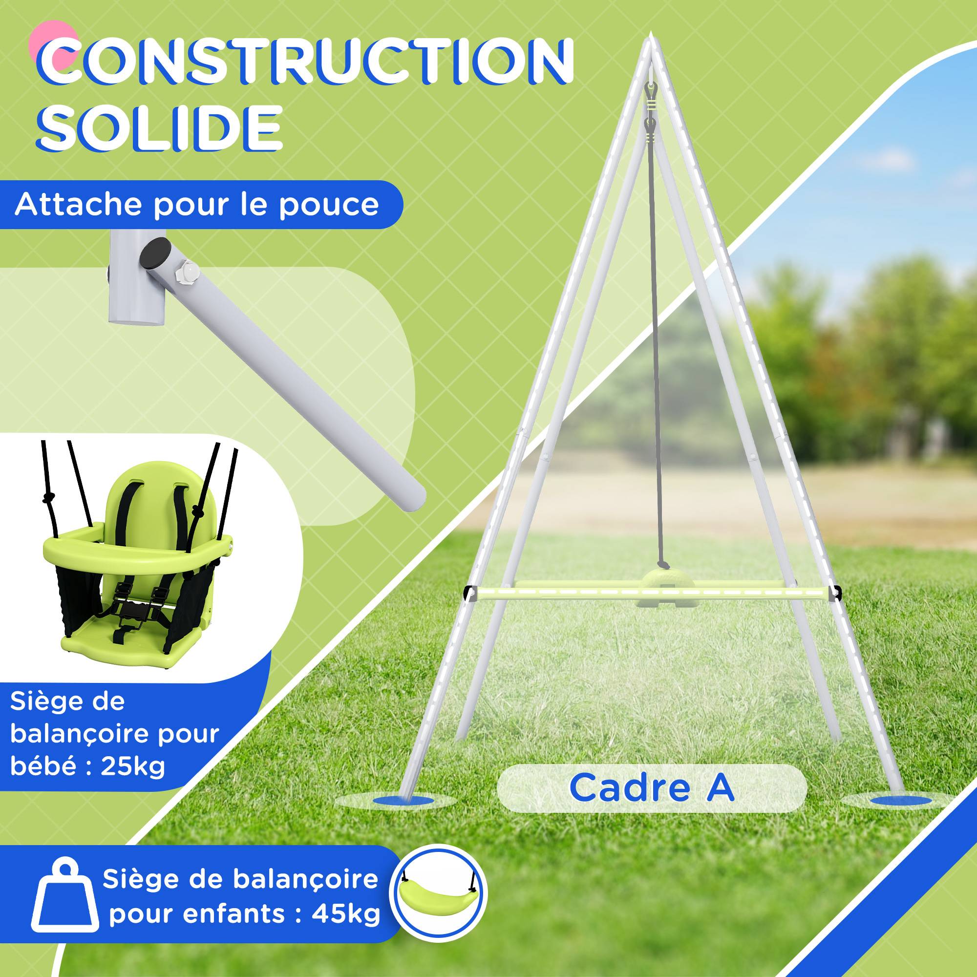 Outsunny - Portique balançoire évolutive - siège haut, accoudoirs, ceinture sécurité 5 points, barre protection - métal époxy gris vert - Outsunny - Imagen 5