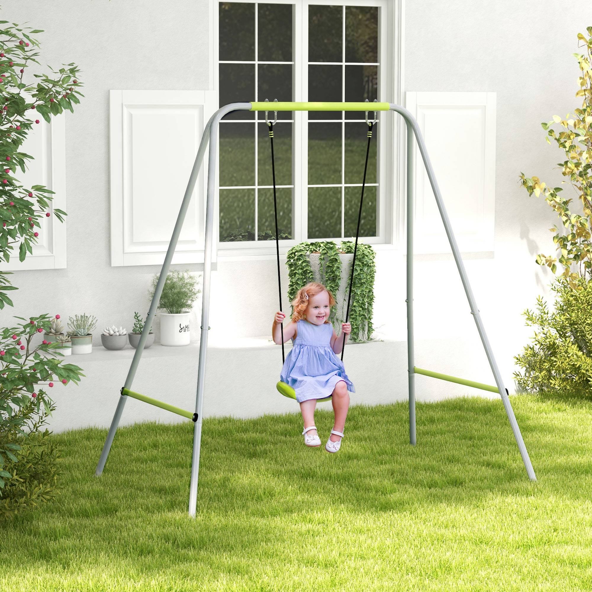 Outsunny - Portique balançoire évolutive - siège haut, accoudoirs, ceinture sécurité 5 points, barre protection - métal époxy gris vert - Outsunny - Imagen 2