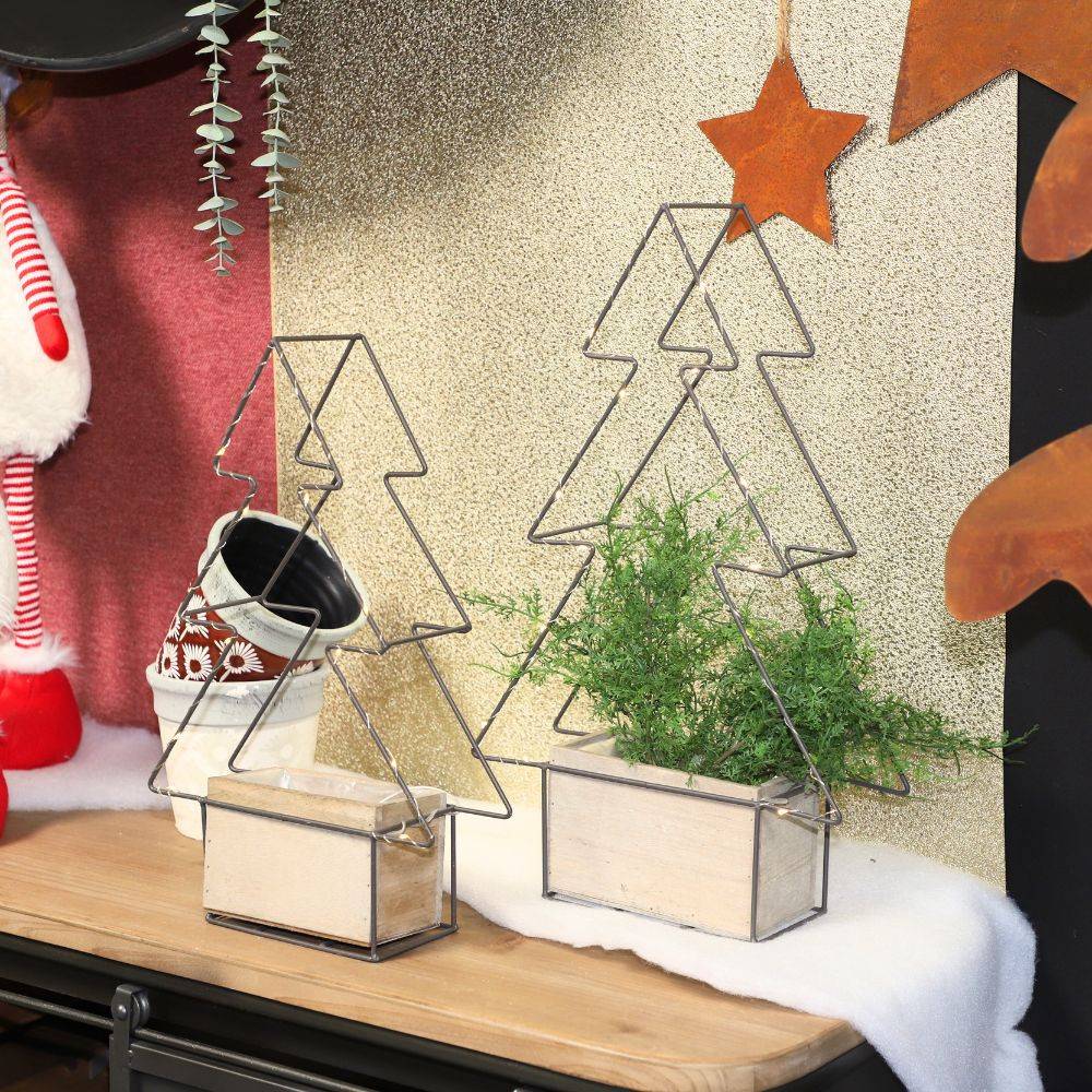 Jardinière sapin de Noël décoration bois métal marron 30.5x18x50cm Chemin de campagne - Imagen 2