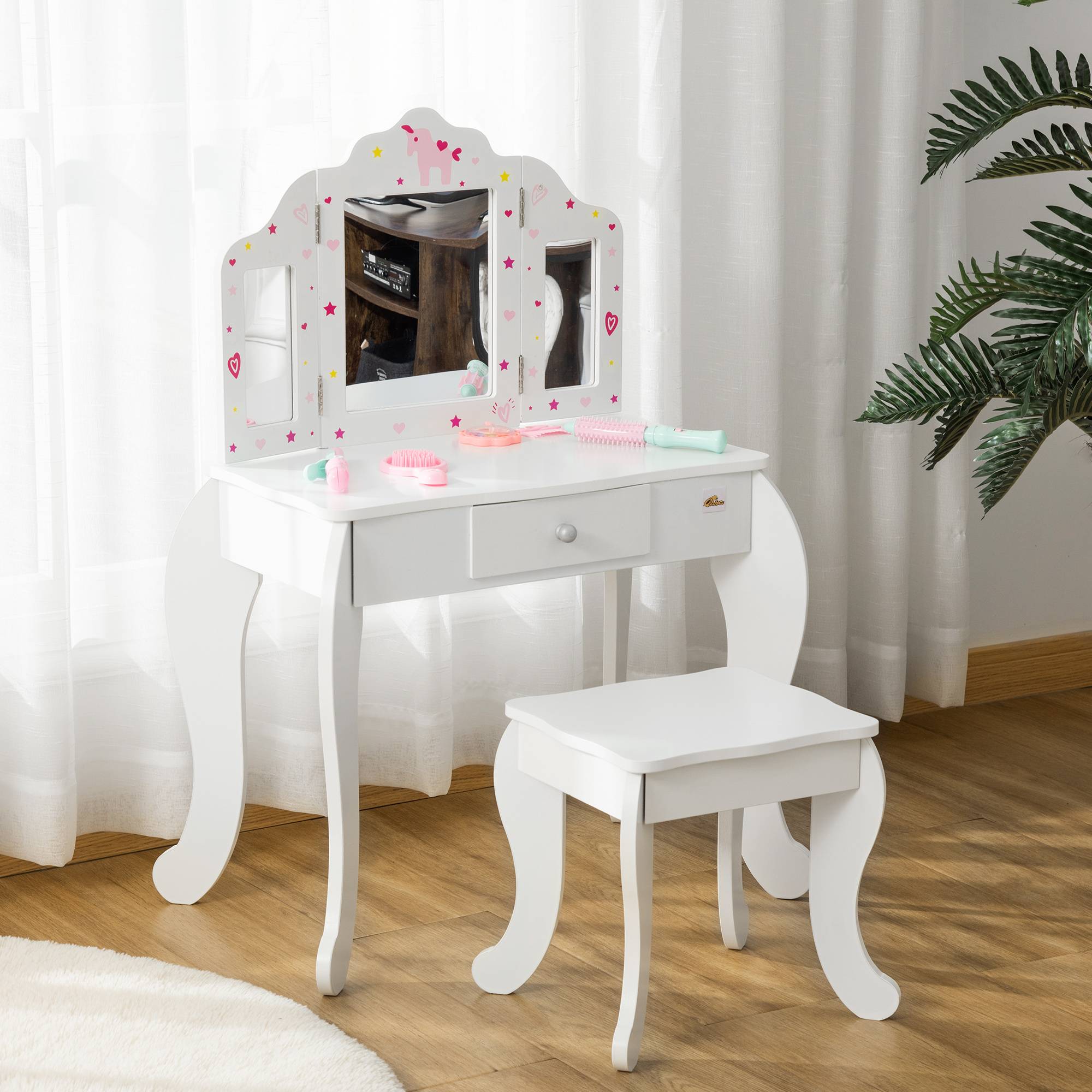 Sans Marque - Coiffeuse enfant avec tabouret, table de maquillage avec triple miroir et tiroir, 63 x 40 x 85,5 cm, blanche - Image 4