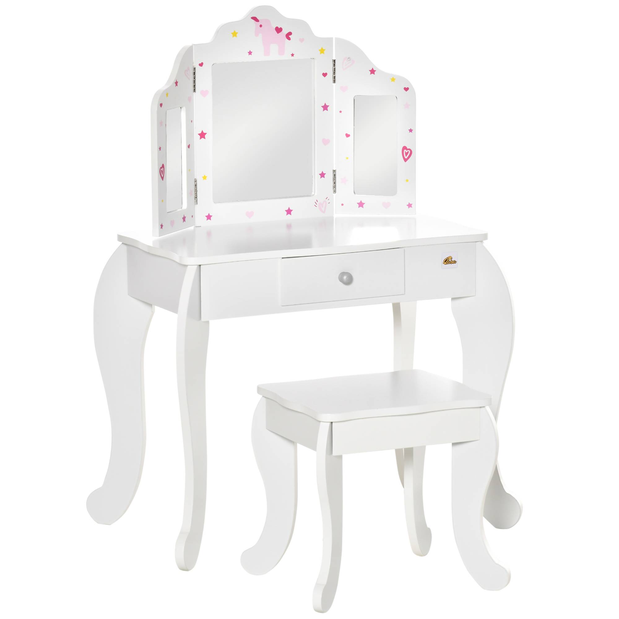 Sans Marque - Coiffeuse enfant avec tabouret, table de maquillage avec triple miroir et tiroir, 63 x 40 x 85,5 cm, blanche - Image 1