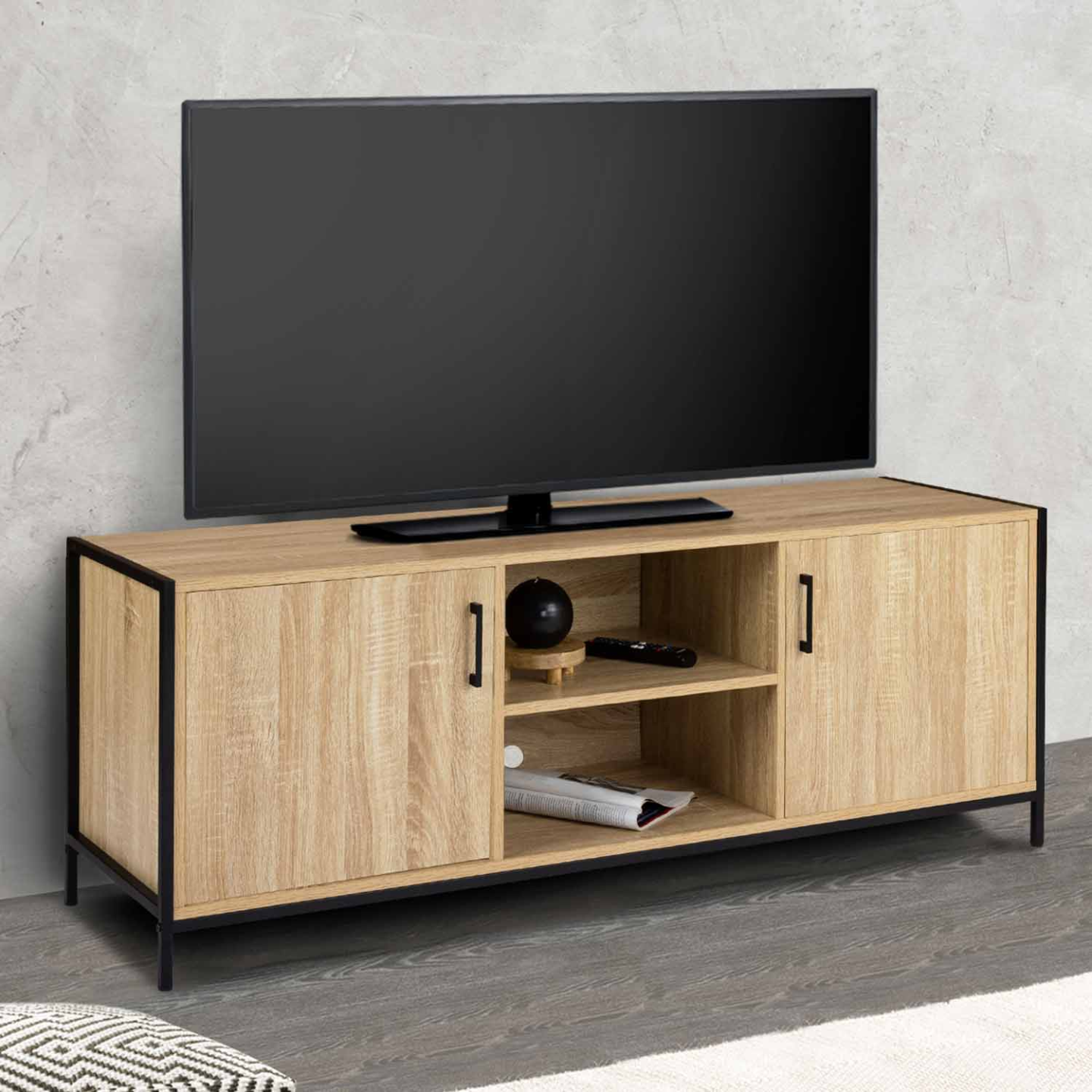 Meuble TV 140 cm DETROIT 2 portes design industriel - Image 1