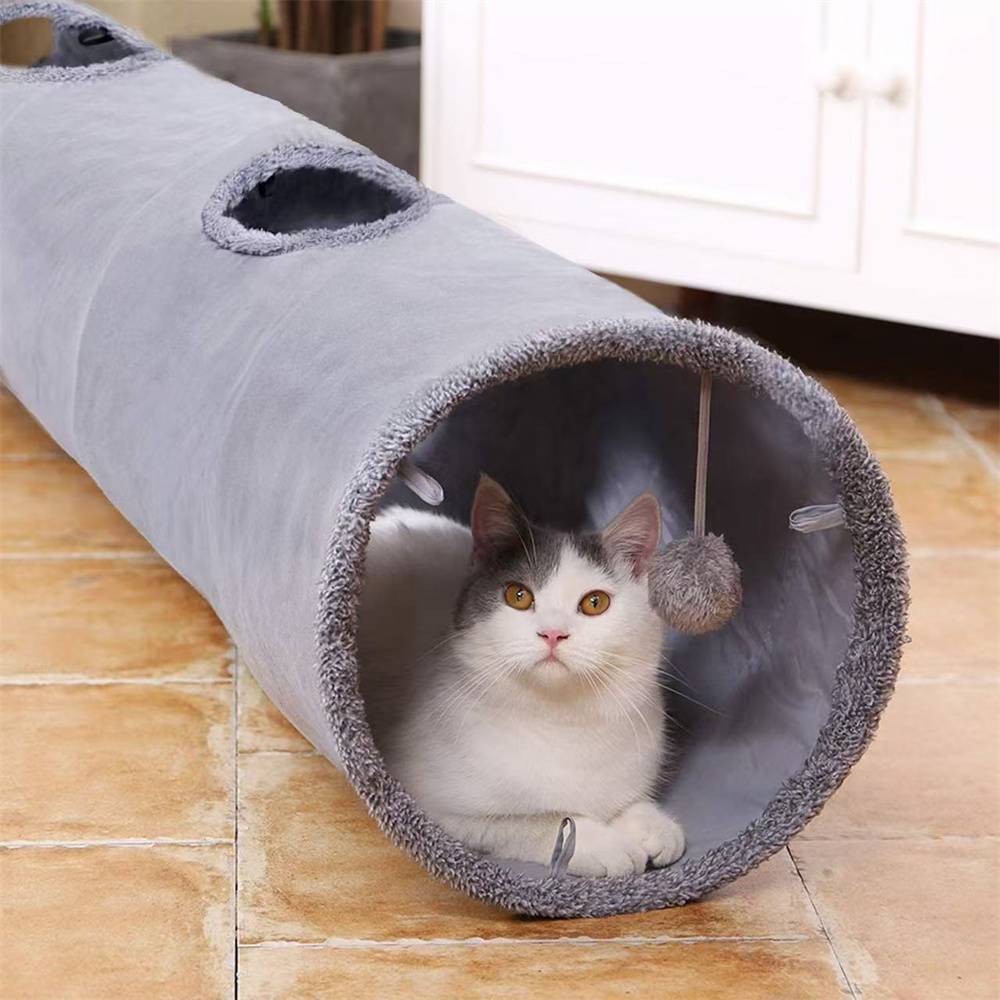 Tunnel droit à quatre trous pour chat, 130x30 cm, avec balle, pour chats et lapins, pliable Lytech - Image 4