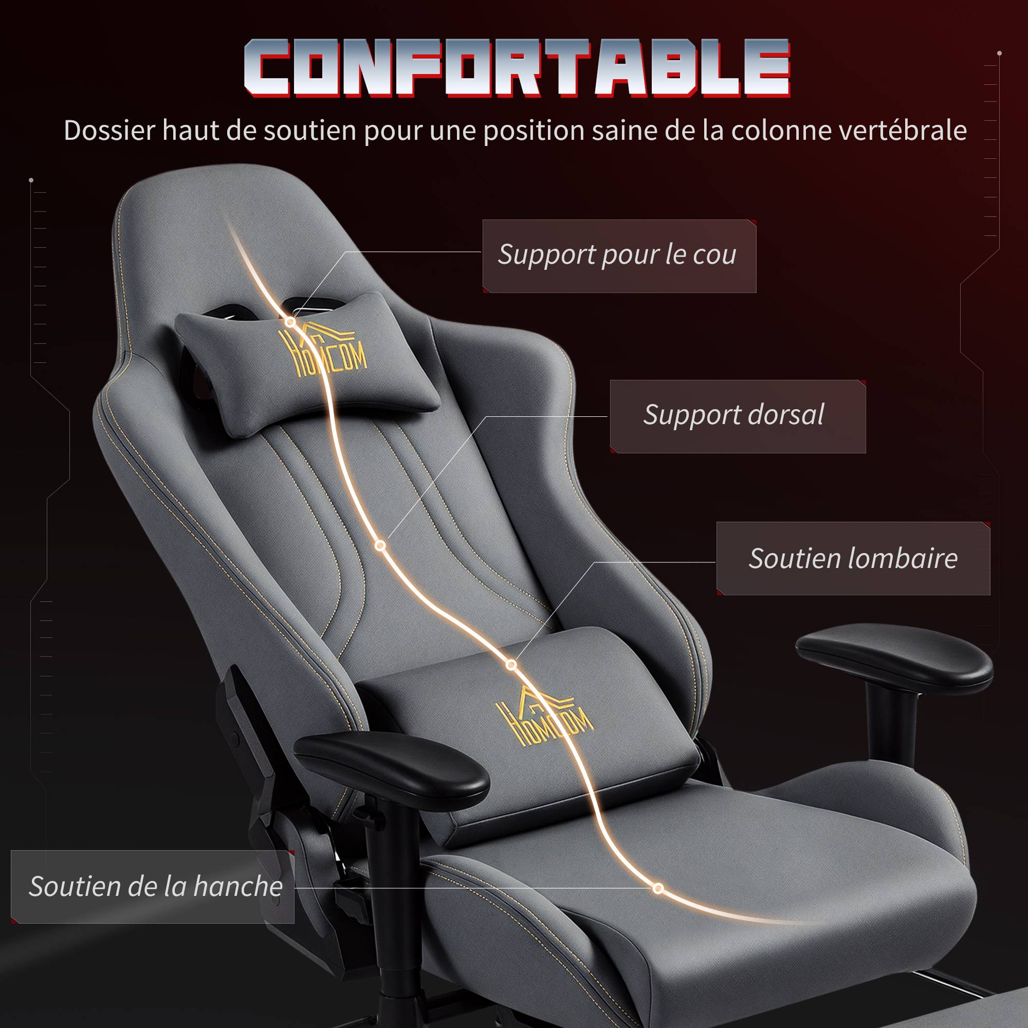Sans Marque - Chaise gaming ergonomique, fauteuil gamer avec accoudoirs 3D, dossier inclinable, hauteur réglable, 72x76x132cm, gris - Image 6